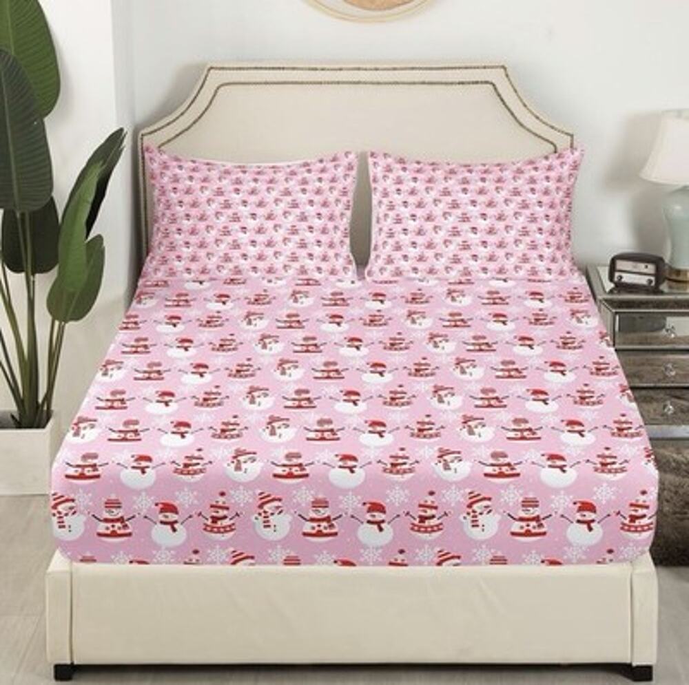 Christmas Cartoon Snowman Fitted Bed Sheet & Pillow Cases Full Pink